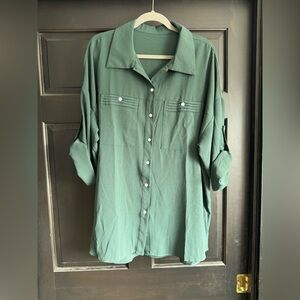 Green Button-Up Shirt with Roll Up Button Sleeves